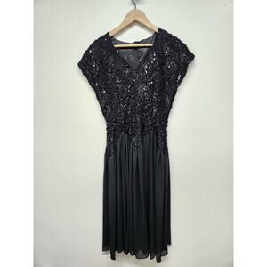 Vintage Stenay Women's Drop Waist Sequin/Chiffon/Lace Midi Dress, Sz 6, In Black